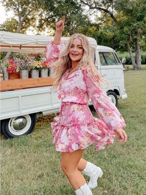 BUDDY LOVE NWT Pink/Gold Marble Long Sleeve Tiered Mini Dress M